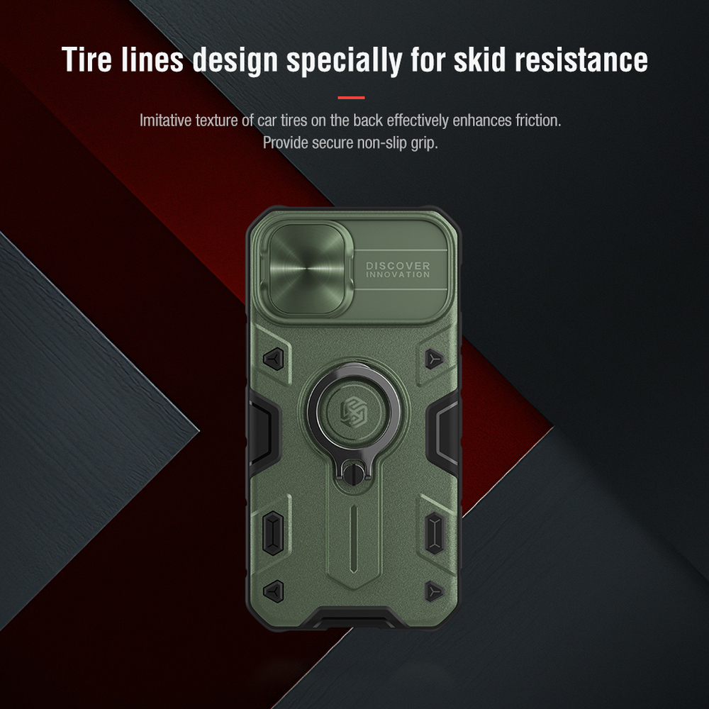 Чехол противоударный от Nillkin зеленого цвета (Dark Green) для iPhone 12 mini, серия CamShield Armor Case, с кольцом и металлической защитной шторкой для камеры