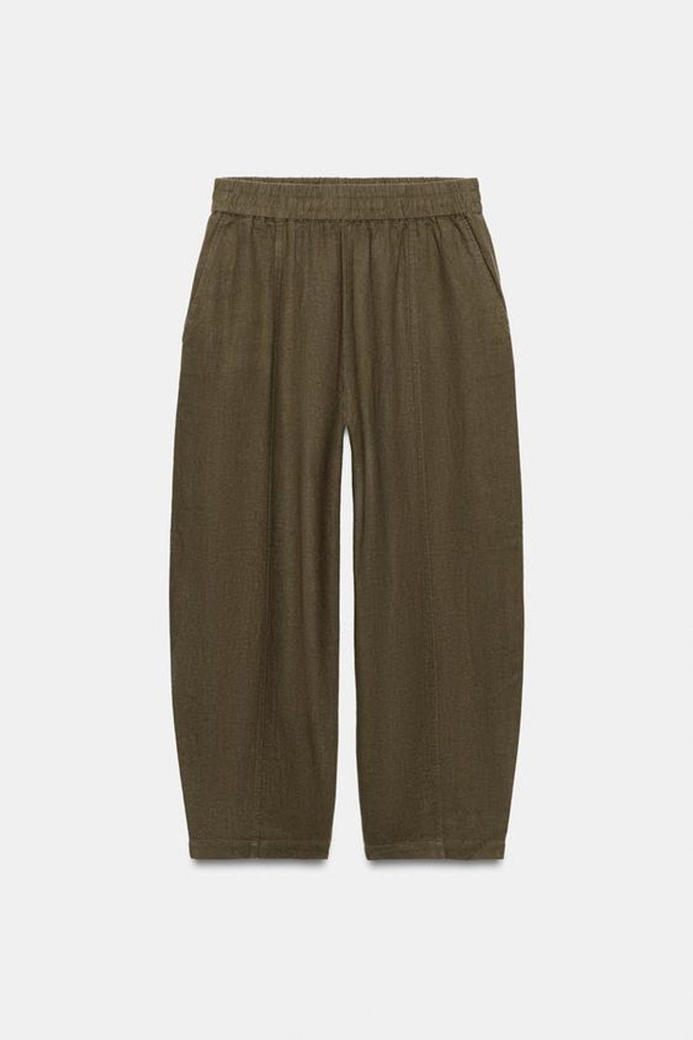 ZARA БРЮКИ BARREL ИЗ ЛЬНА, ХАКИ