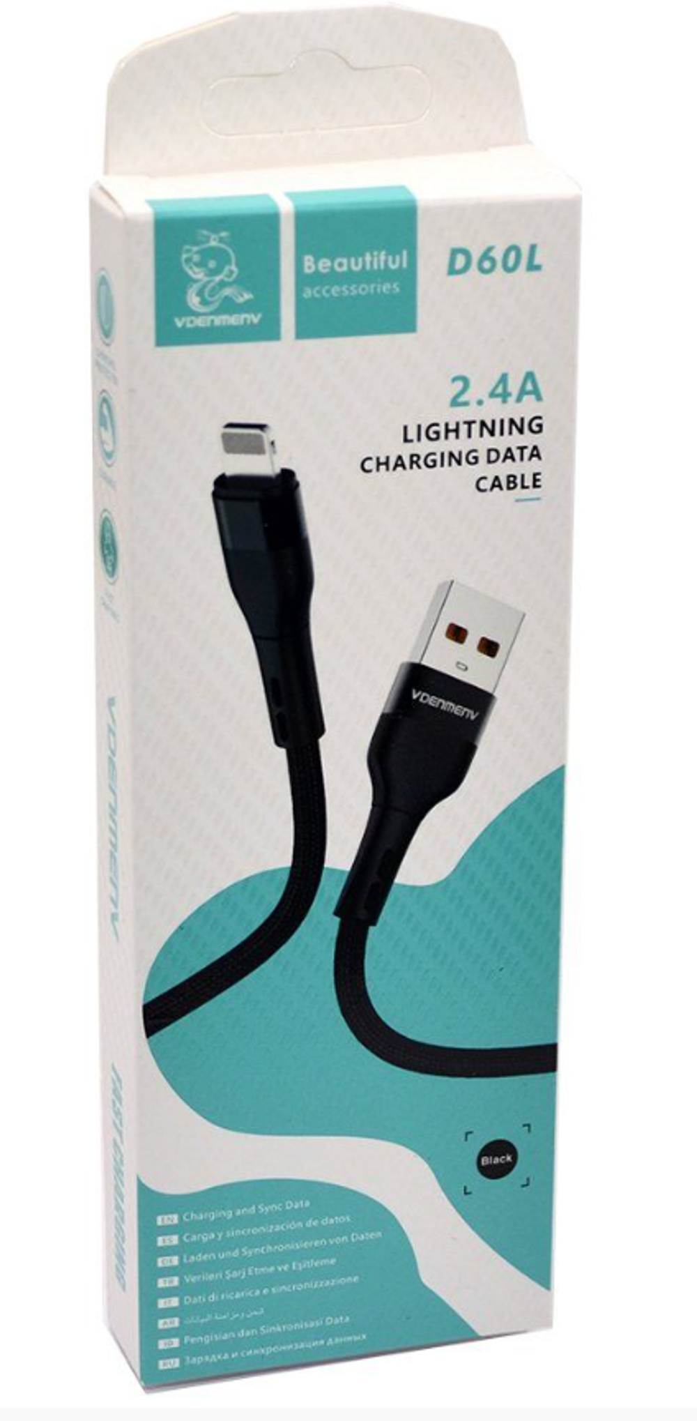 Кабель DENMEN D60L USB-Lightning 2.4A 1м Nylon Black