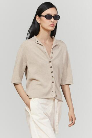 Massimo Dutti Вязаный кардиган из хлопка с воротником-стойкой, каменный