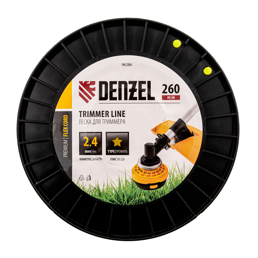 Леска для триммера звезда, 2,4мм х 260м, на DIN катушке FLEX CORD Denzel