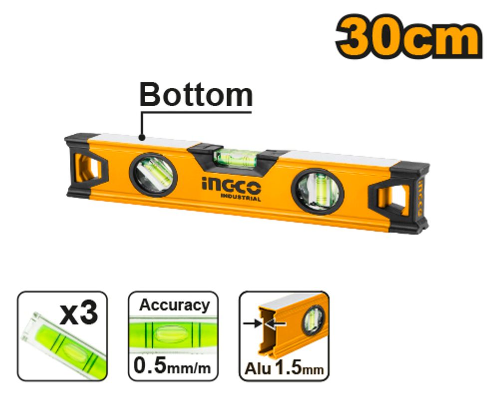 Строительный алюминиевый уровень 30 см INGCO HSL08030 INDUSTRIAL