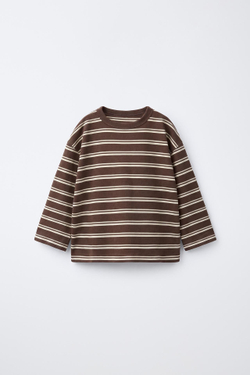 ZARA ФУТБОЛКА HEAVY WEIGHT В ПОЛОСКУ, КОРИЧНЕВЫЙ