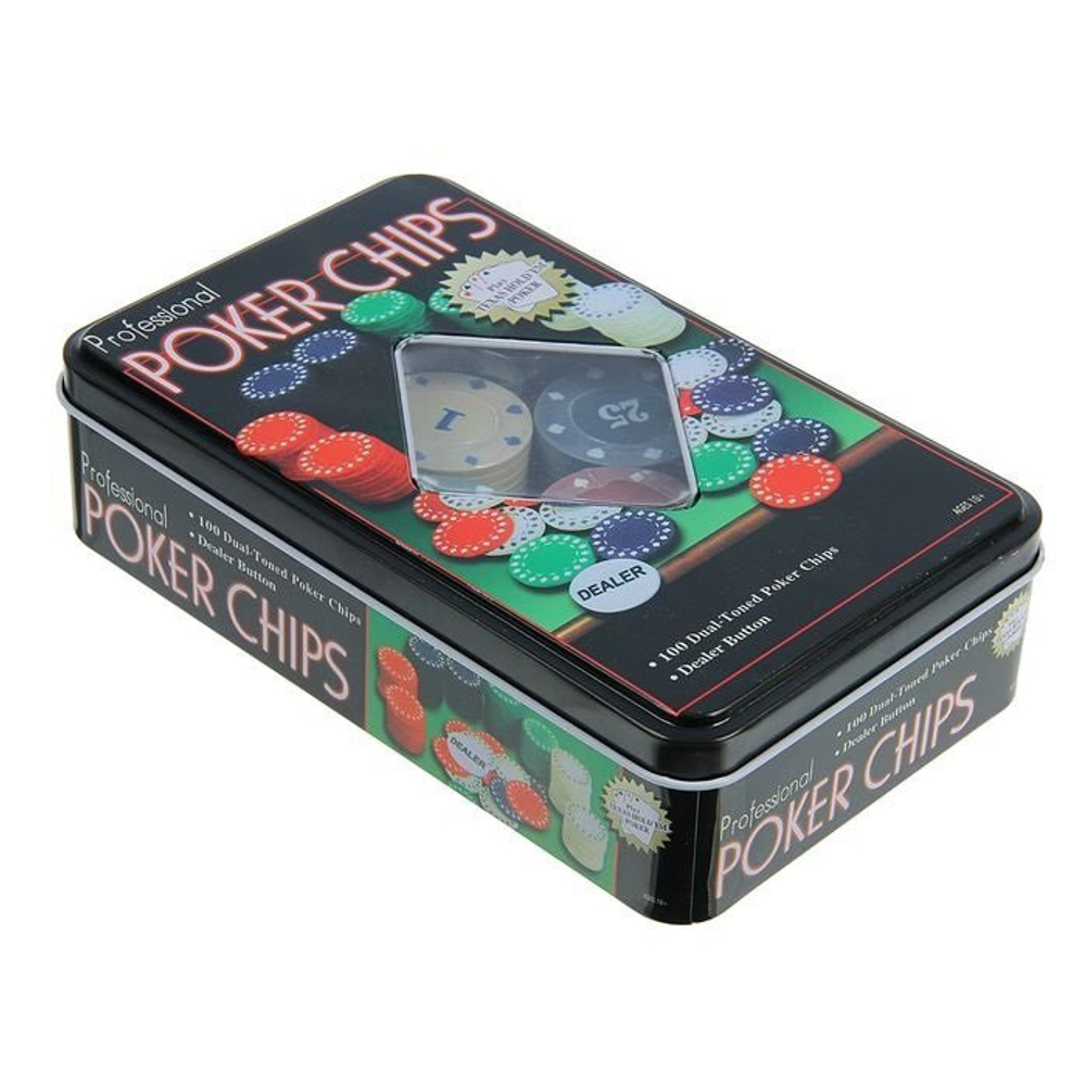 Набор для покера Professional Poker Chips: 100 фишек с номиналом, фишка дилера, металлическая коробка