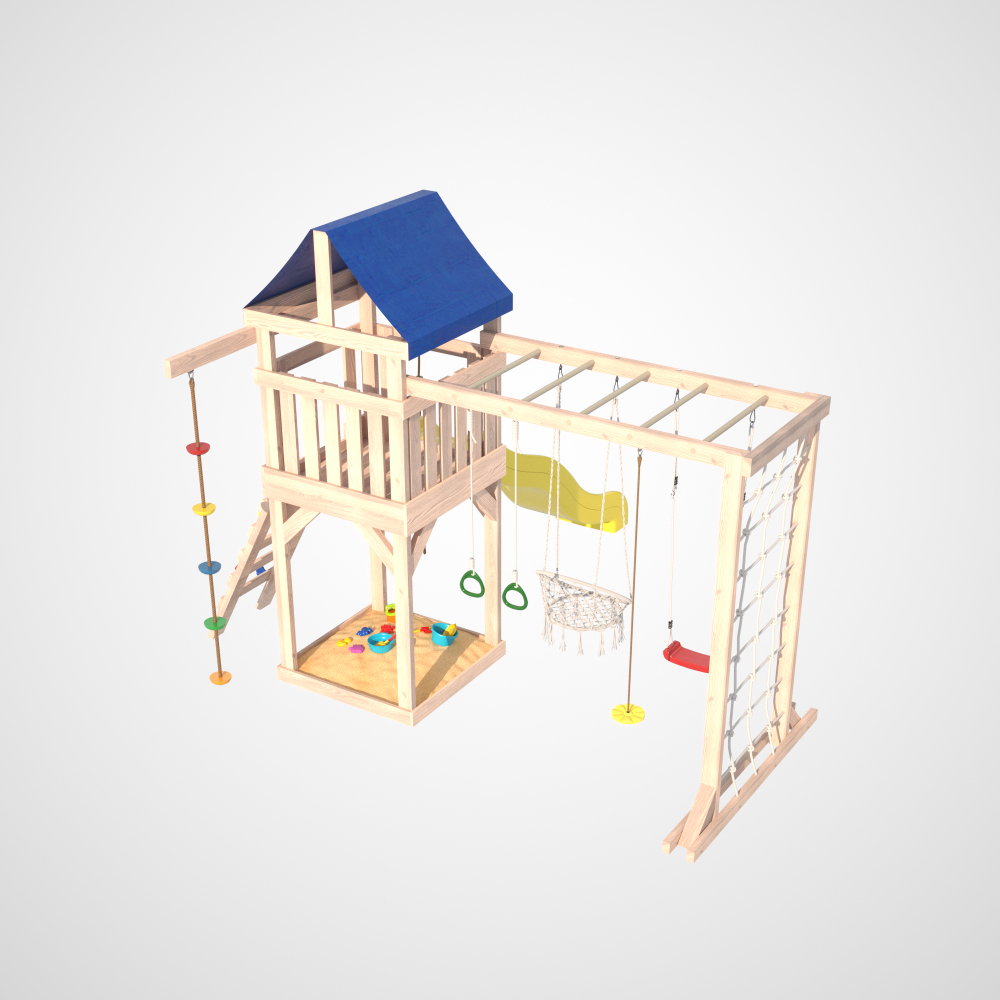 Детская площадка неокрашенная Fun Land с модулем сетка-рукоход, подвесным креслом и качелями