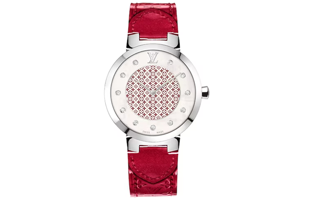 LOUIS VUITTON Wrist Watch Quartz Movement Cow Leather Strap 33mm Red Watch Dial Women"s Watch 50m Water Resistant
