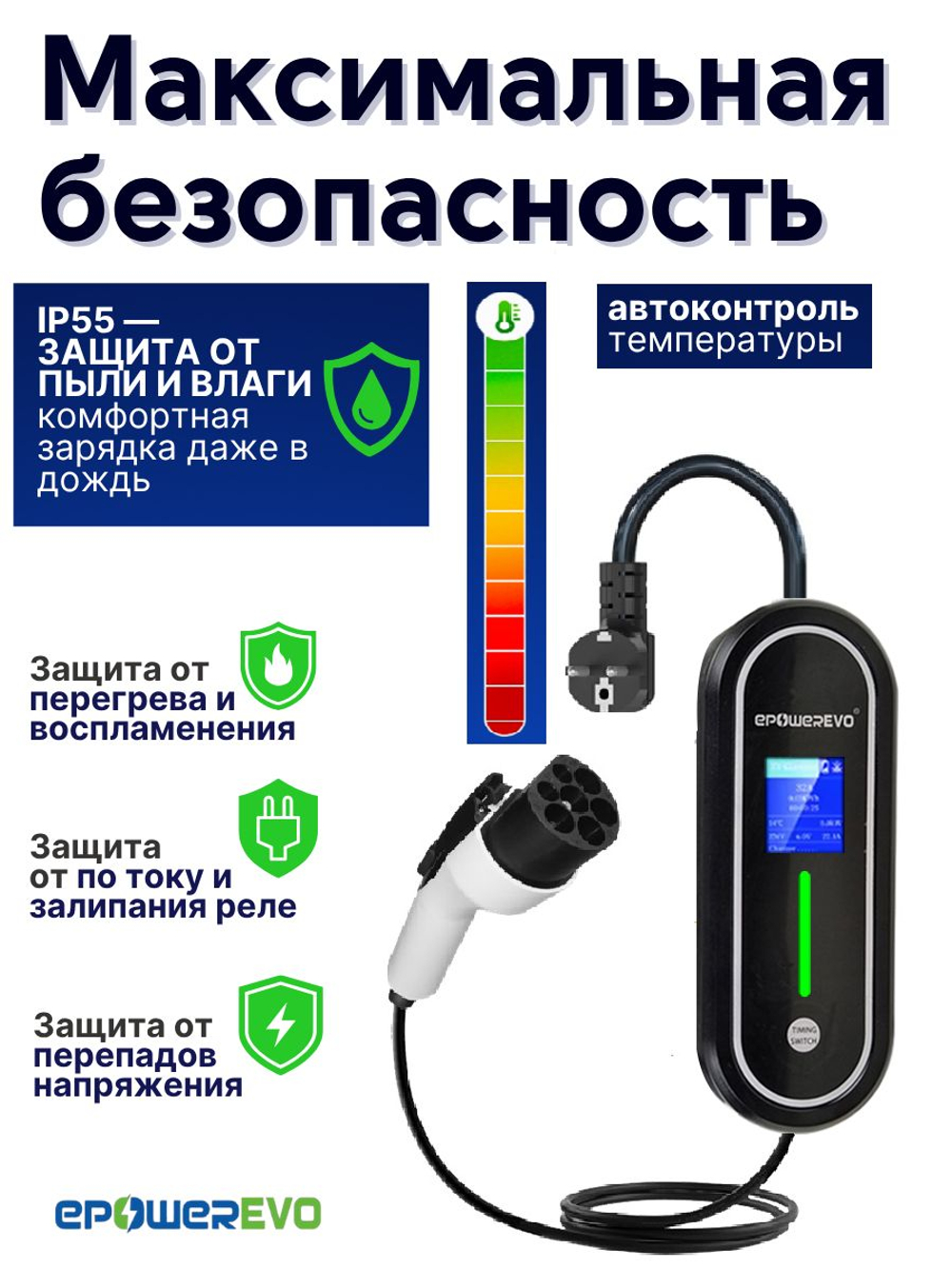 GBT зарядное устройство для электромобиля, регулируемая сила тока 8-10-13-16A, 3,5 кВт, 220В, экран, кабель 5 м, сумка