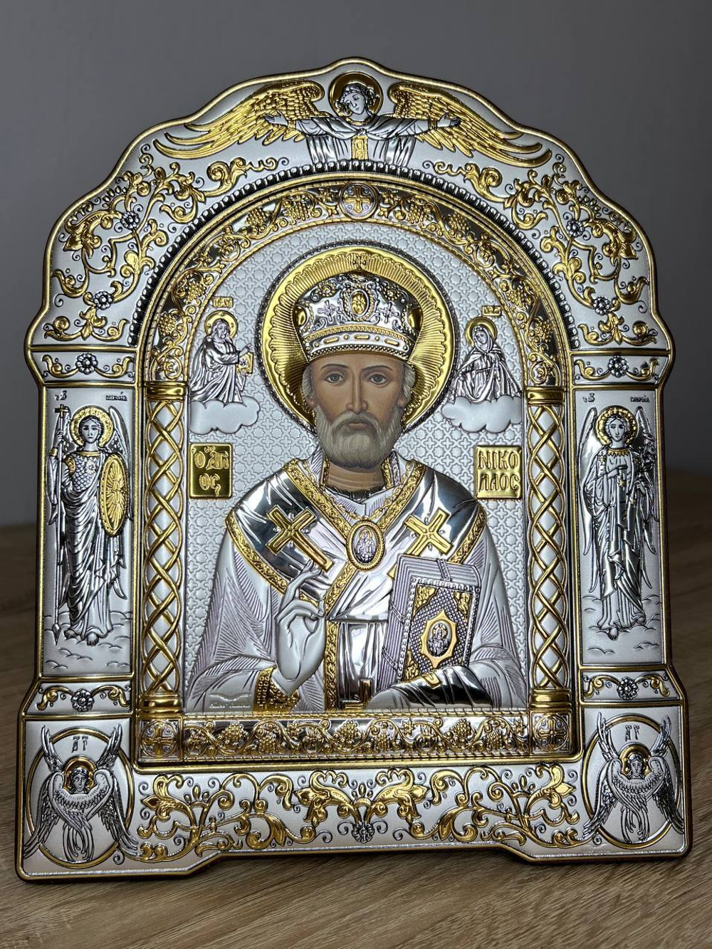 Николай Чудотворец, икона арочная с рамкой, красное дерево 266х335