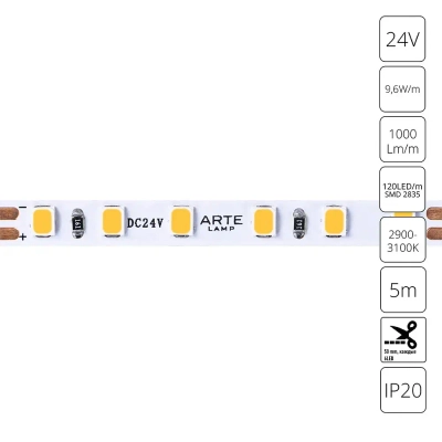 Светодиодная лента 24V 9,6W/m 3000К 5м Arte Lamp TAPE A2412005-01-3K, LED