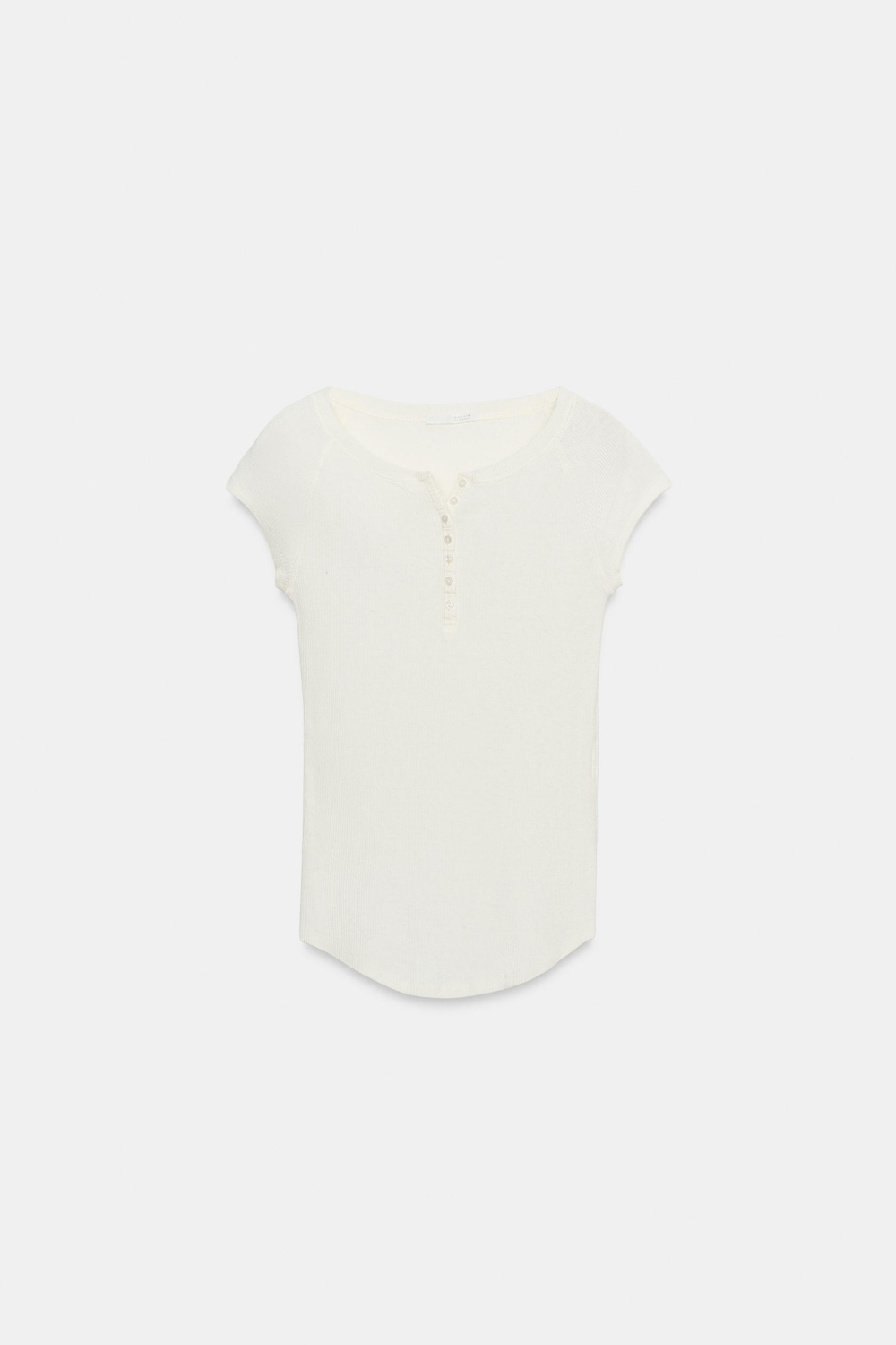 ZARA ФУТБОЛКА С ЛЬНОМ И ПУГОВИЦАМИ, ЭКРЮ