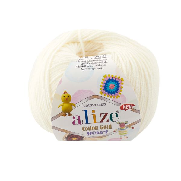 Пряжа Alize (Ализе) Cotton Gold Hobby New / уп.10 мот. по 50 г, 165 м, 62 светло-молочный