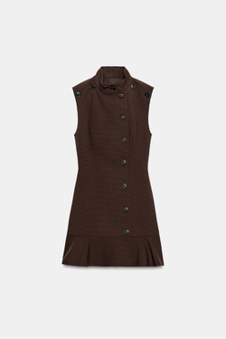 ZARA МИНИ-ПЛАТЬЕ В КЛЕТКУ С ВОЛАНОМ, КОРИЧНЕВЫЙ