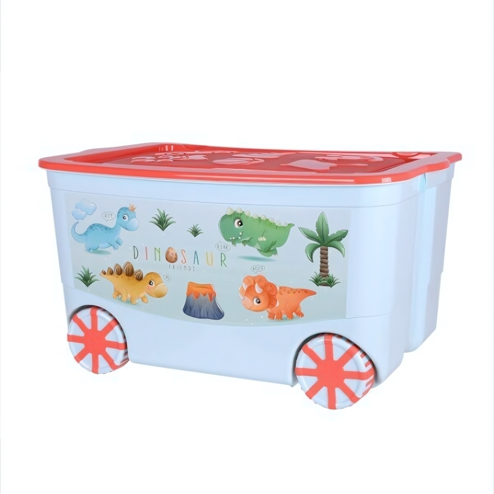 Ящик для игрушек "KidsBox" на колёсах "Динозаврики" 55л 61*40*33 оранжевая крышка