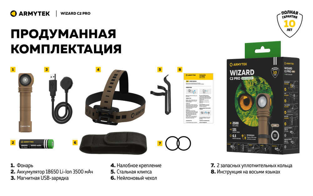 Фонарь Armytek Wizard C2 Pro Sand Белый