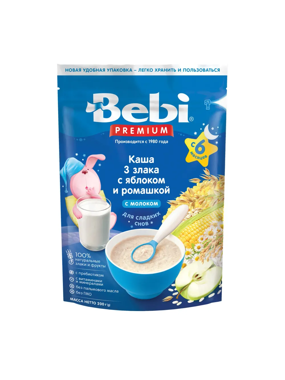 Каша молочная Bebi 3 злака с яблоком и ромашкой 200г