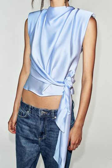 ZARA АТЛАСНЫЙ ТОП С ПОДПЛЕЧНИКАМИ И УЗЛОМ, ГОЛУБОЙ