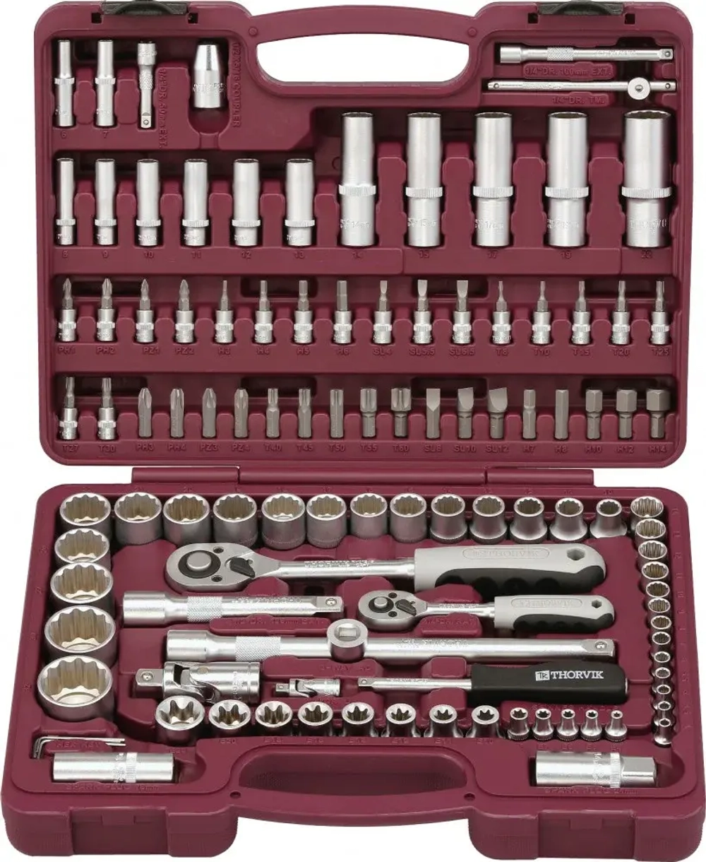 Thorvik UTS0108/12 Набор инструмента универсальный 1/4", 1/2"DR с головками торцевыми 12-гранными, 108 предметов