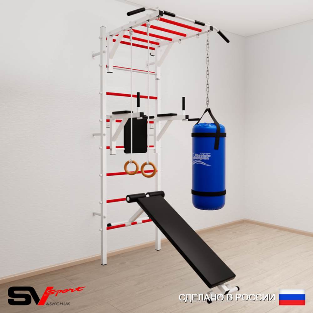 Шведская стенка Sv Sport усиленная 6513 (Турник рукоход/Брусья/Скамья/Кольца/Цепь/Мешок 30кг)