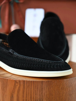 Летние мужские черные лоферы Loro Piana Summer Walk с плетением