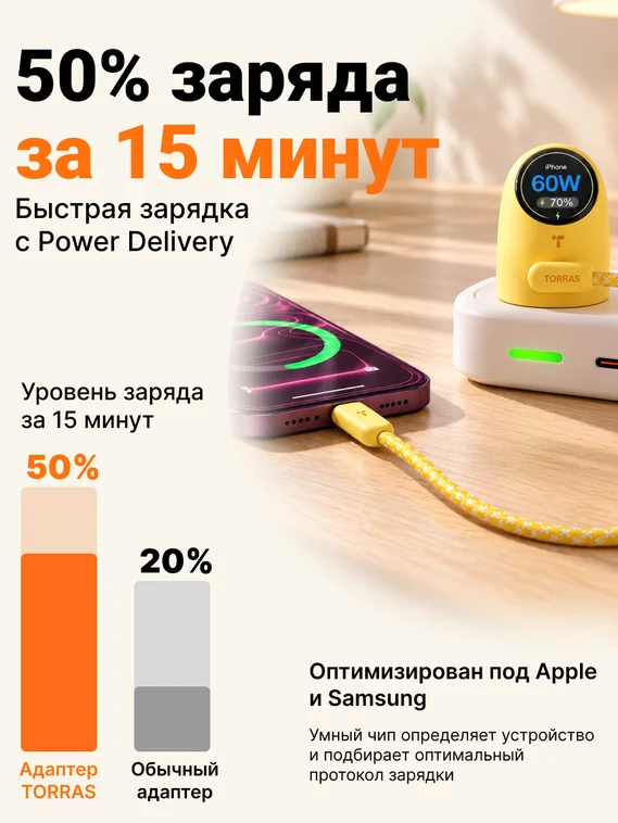 Комплект зарядное устройство и кабель TORRAS FlashEye-Dot 60W с цветным анимированным экраном, USB-C, GaN, PD 3.2 AVS, фиолетовый (Drag Violet)