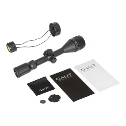 Прицел Gaut Quartz 3-9x50 AO, сетка 32, подсветка, 0.1 МIL - комплект поставки, крышки, салфетка и инструкция