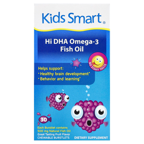 Kids Smart, Kids Smart®, рыбий жир с омега-3 и высоким содержанием ДГК, с фруктовым вкусом, 30 жевательных лопающихся капсул