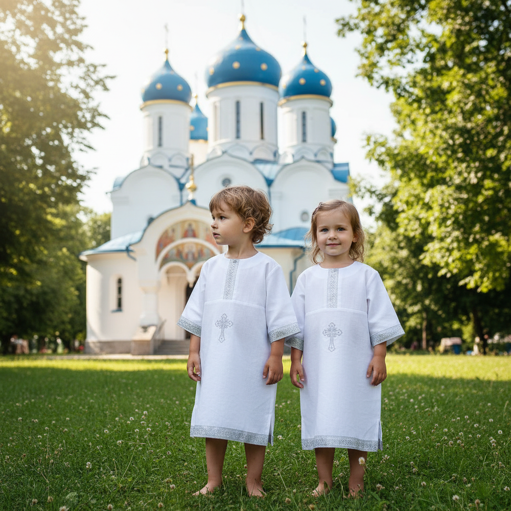 Рубашка для Таинства Крещения: Серебро вышивка и комфорт (100% хлопок)