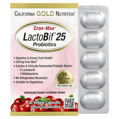 California Gold Nutrition, CranMax®, LactoBif®, пробиотики, 25 млрд КОЕ, 30 растительных капсул