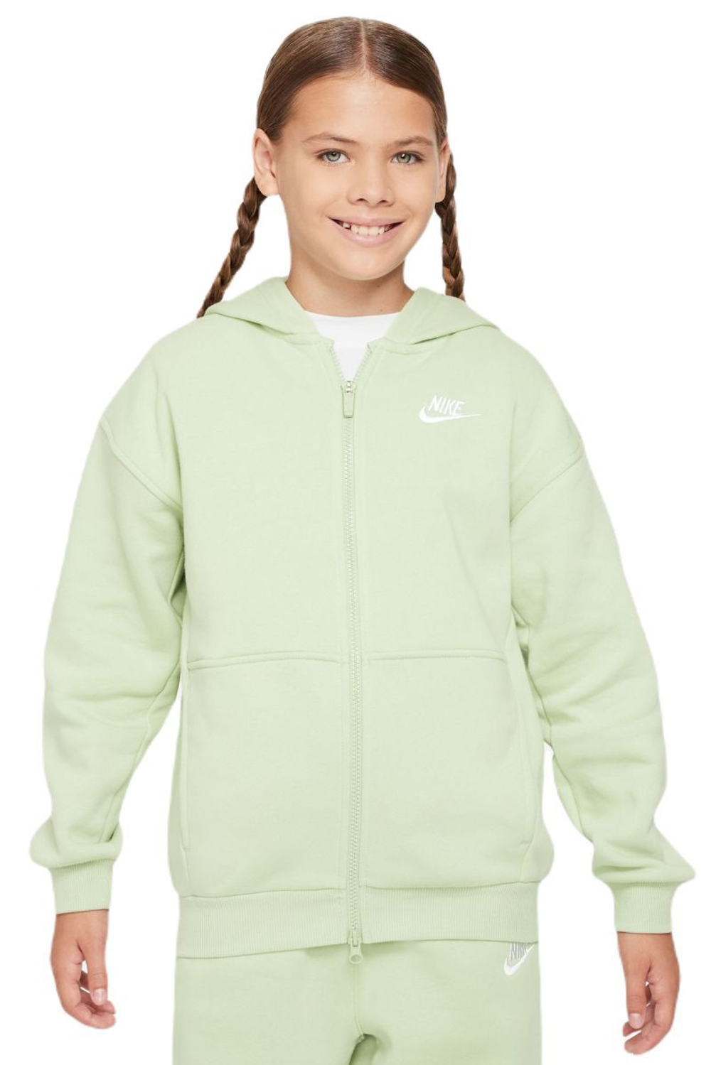 Кофта для девочки теннисная  Nike Sportswear Club Fleece Oversized Full Zip Hoodie - honeydew/white