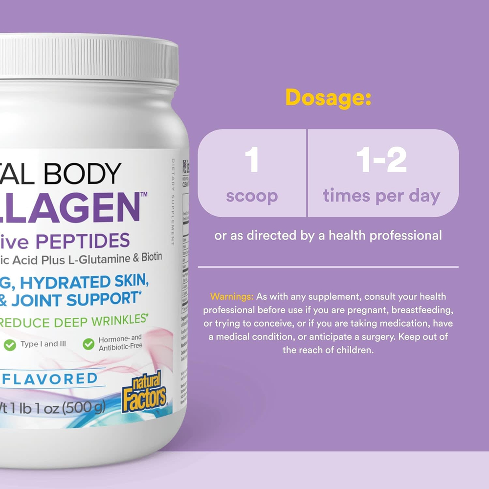 Natural Factors, Total Body Collagen, биоактивные пептиды, без добавок, 500 г (1 фунт 1 унция)