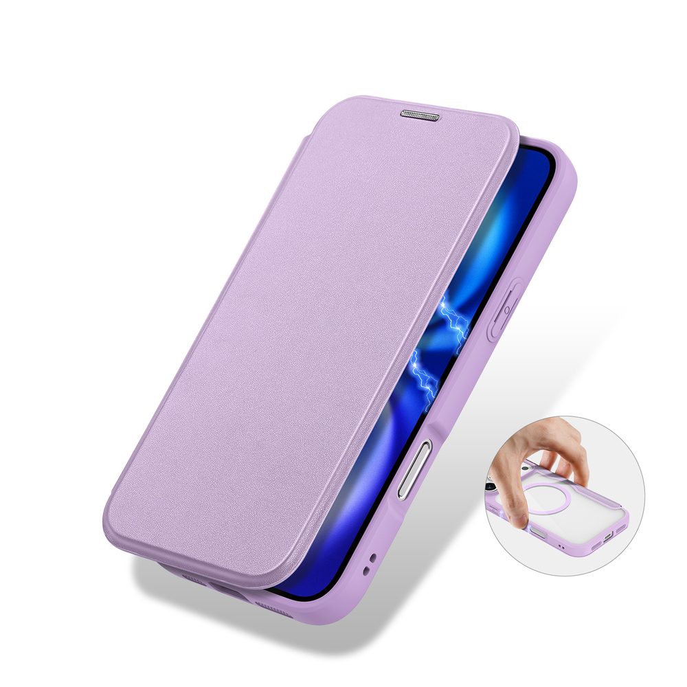Чехол книжка фиолетового цвета (Purple Pink) с MagSafe от Dux Ducis для смартфона iPhone 17 Pro Max, серия Skin X Pro Series