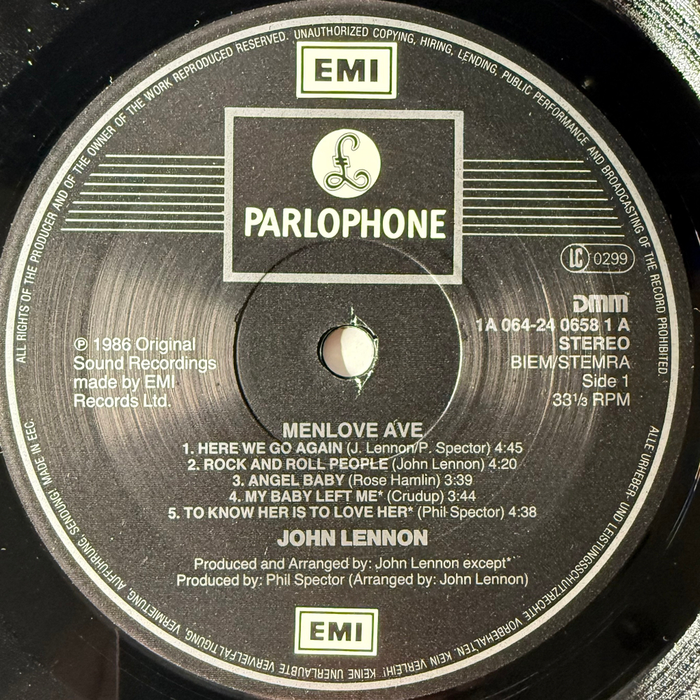 John Lennon ‎– Menlove Ave (Европа 1986г.)