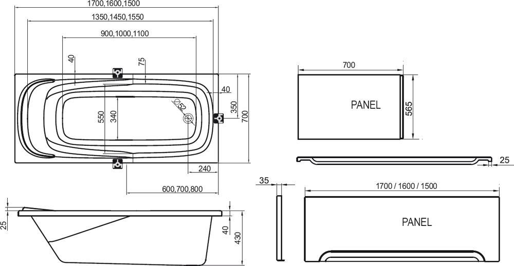 Ванна акриловая Ravak Vanda II 150X70 CO11000000 схема