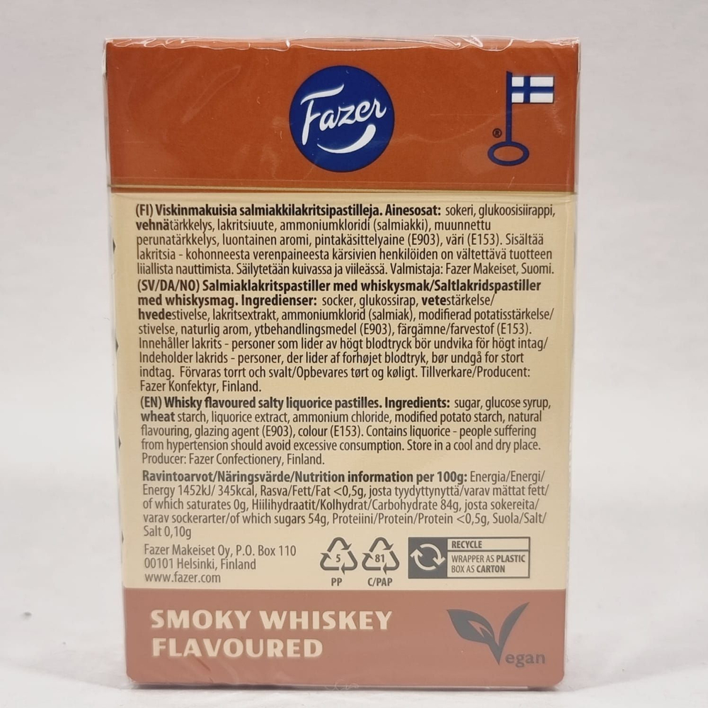 Конфеты Fazer Salmiakki "Smoky whiskey flavoured" с лакрицей 70 г (из Финляндии)