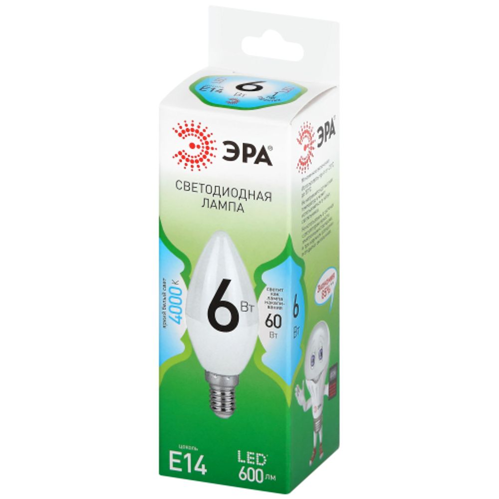 Лампа светодиодная ЭРА GREEN LINE LED B35-6W-840-E14 GL 6Вт свеча яркий белый свет E14 | Лампы cветодиодные Свеча (B/C)