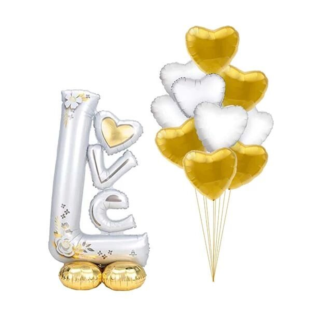Композиция Love с белыми и золотыми сердцами
