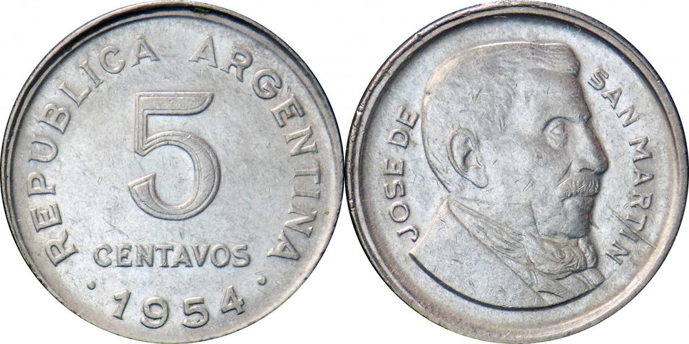 Аргентина 5 сентаво, 1954 - 1956 Хосе де Сан-Мартин XF