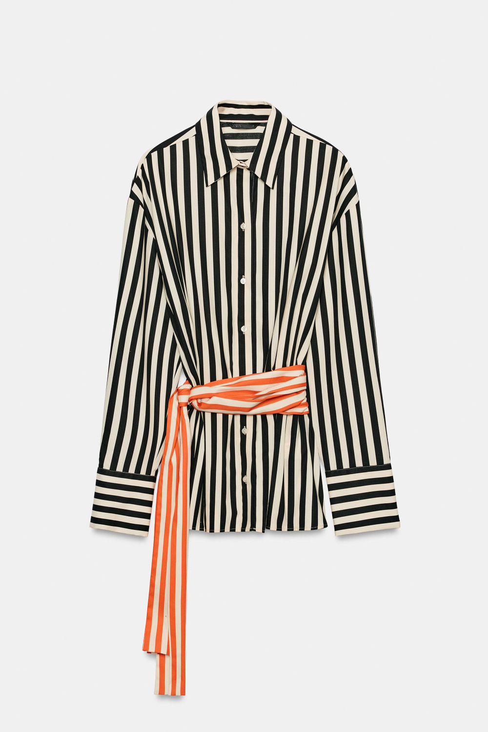 ZARA РУБАШКА В ПОЛОСКУ С КОНТРАСТНЫМ ПОЯСОМ, ЭКРЮ/ЧЕРНЫЙ