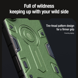 Противоударный чехол зеленого цвета (Dark Green) от Nillkin на Samsung Galaxy S24 Ultra с откидной металлической крышкой для камеры, серия CamShield Armor Prop Case