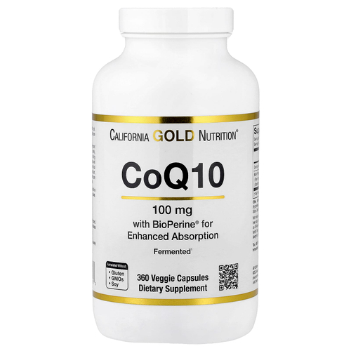California Gold Nutrition, коэнзим Q10, убихинон класса USP с экстрактом чёрного перца Bioperine®, улучшенная биодоступность, 100 мг, 360 растительных капсул
