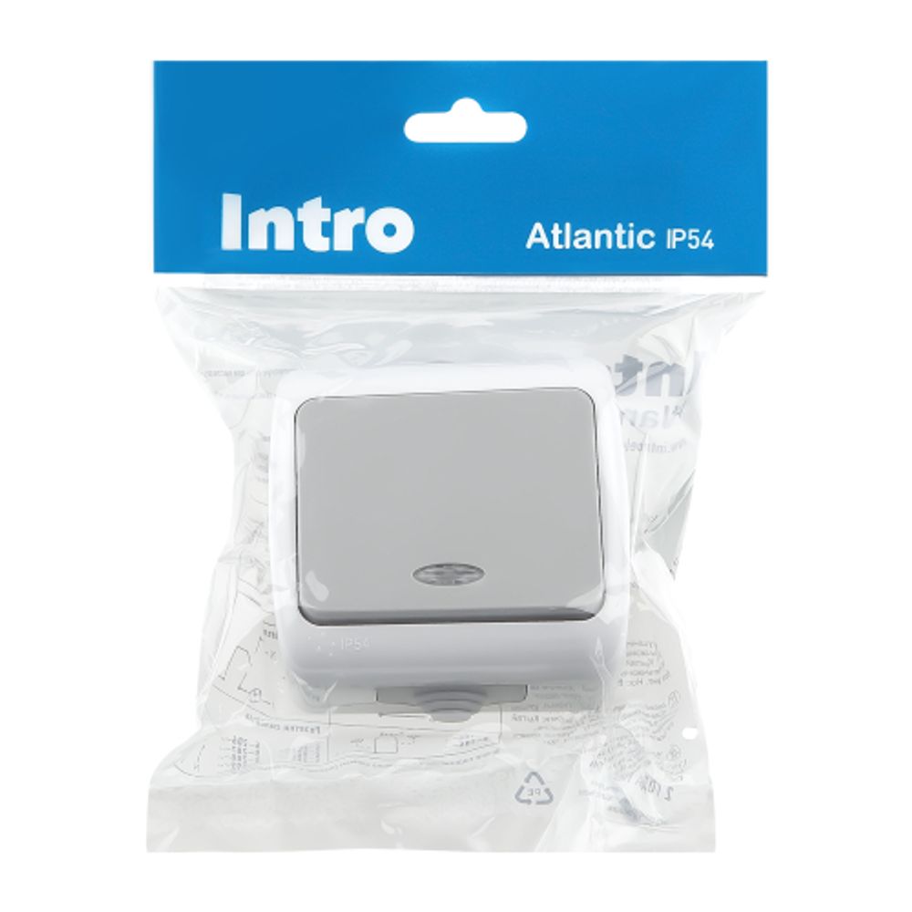 Выключатель Intro Atlantic 5-102-03 с подсветкой, 10А-250В, IP54, открытой установки, серый | Intro