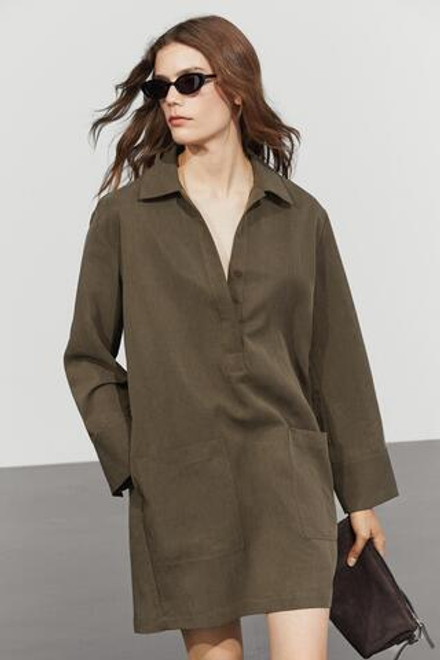 Massimo Dutti Короткое платье-рубашка с карманами, хаки