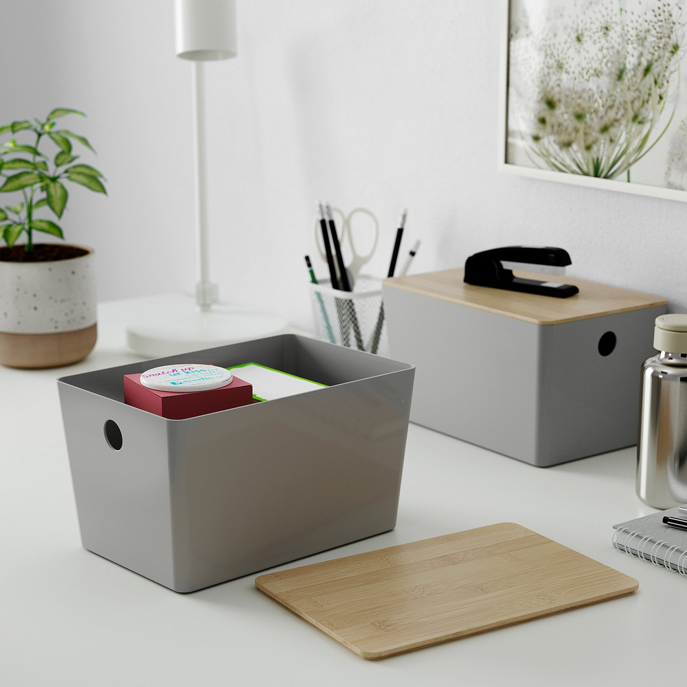 IKEA KUGGIS  (ИКЕА КУГГИС)  -  Контейнер с крышкой - светло-серый/бамбук 18x26x15 см