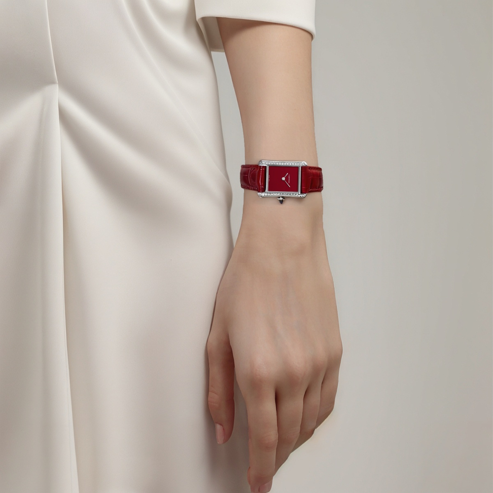 CARTIER Quartz Movement Women"s Watch Watch 22mm Red Watch Dial Stainless Steel Case Crocodile Leather Strap