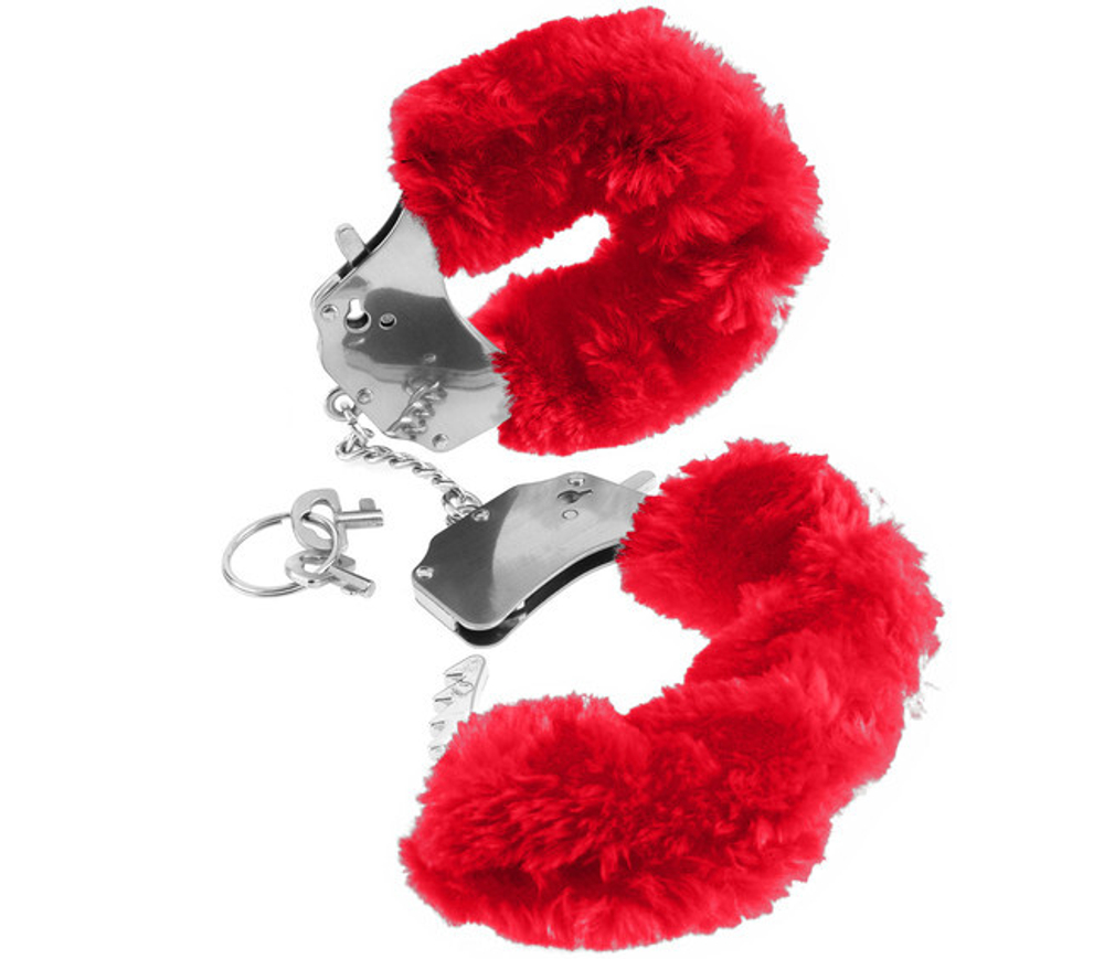 Металлические наручники с красным мехом Original Furry Cuffs (Цвет: серебряный с красным)