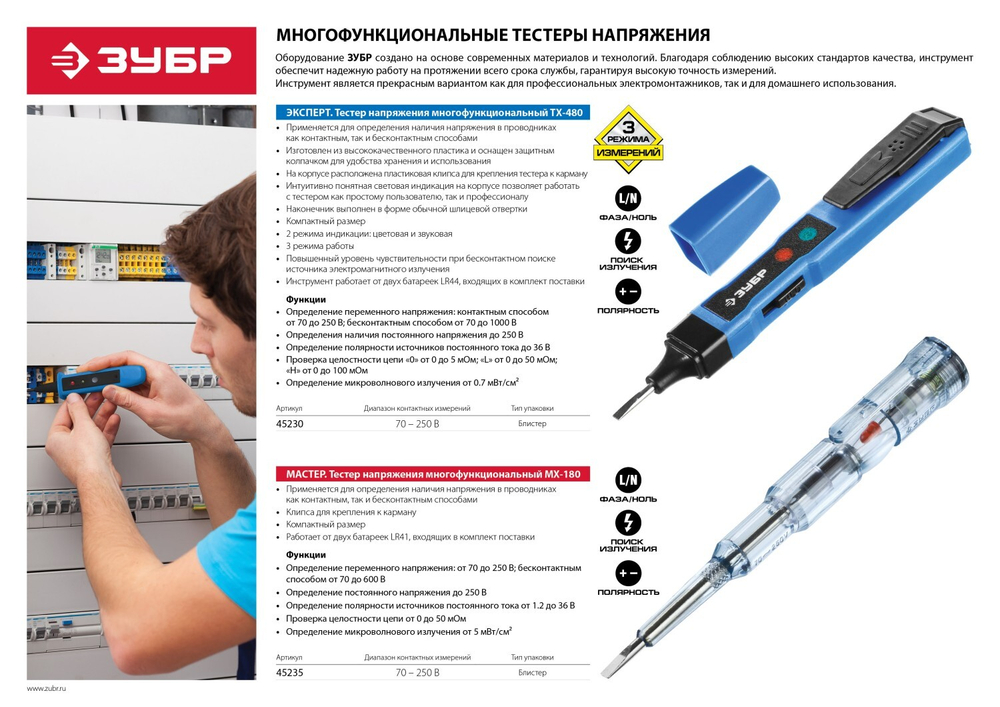 ЗУБР 70 - 250 В, 70 - 1000 В, 145 мм, 3 режима работы, тестер напряжения (45230)