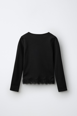 ZARA ТОП В РУБЧИК С КРУЖЕВОМ, ЧЕРНЫЙ