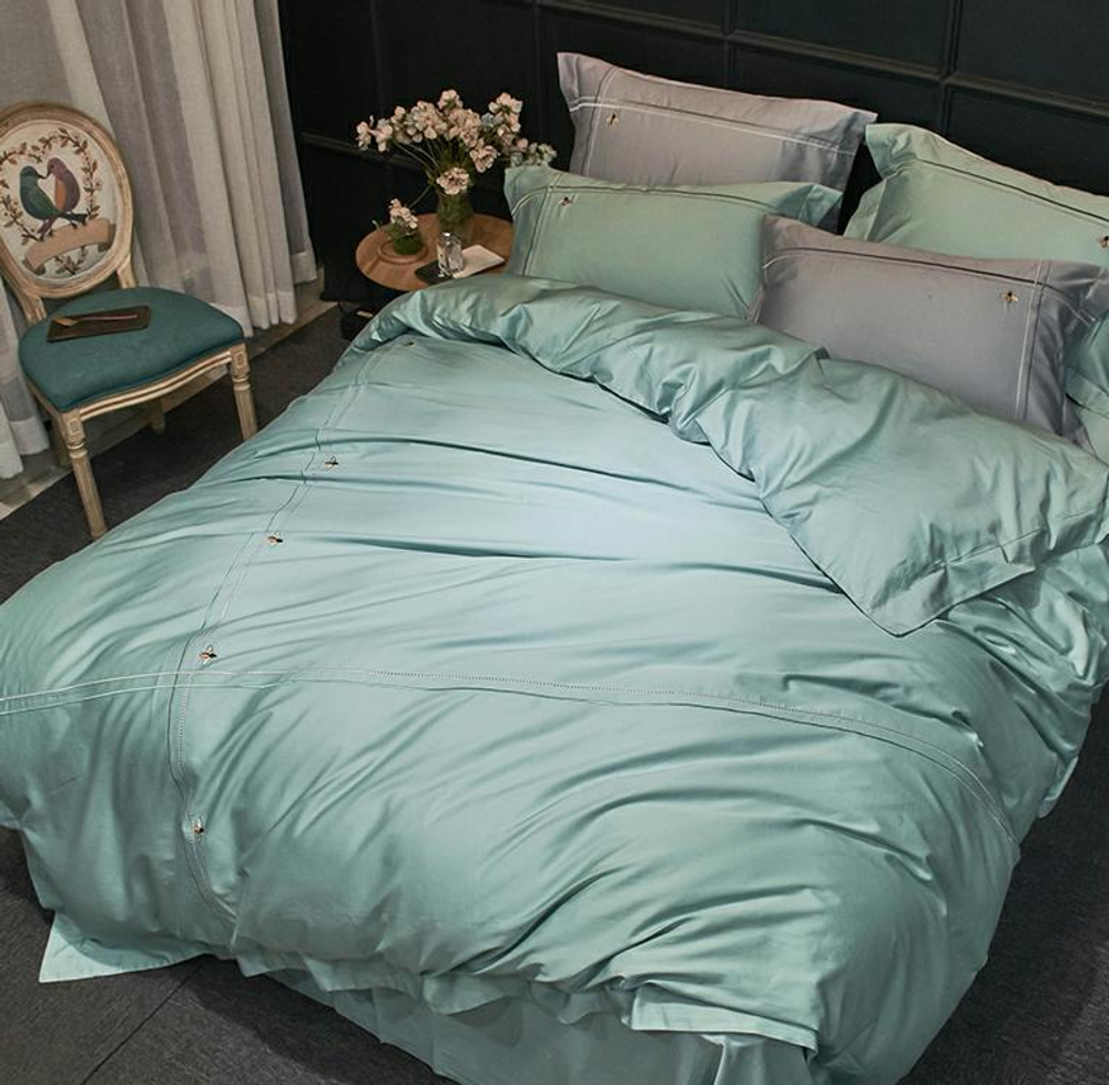ZEPHYR HOME КПБ Двуспалка ЕВРО Египетский хлопок 100s мятный с пчелкой