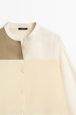 Massimo Dutti Рубашка из струящейся ткани с воротником-стойкой и принтом пэчворк, натуральный/кремовый
