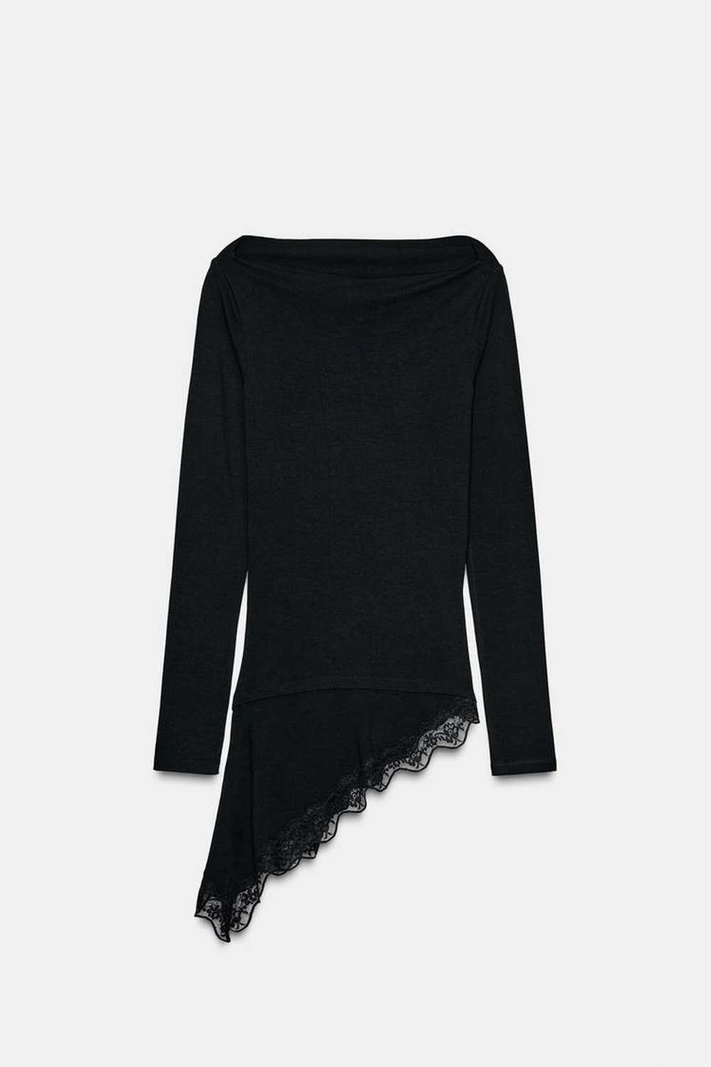 ZARA ФУТБОЛКА С АСИММЕТРИЧНЫМ НИЗОМ И КРУЖЕВОМ, ЧЕРНЫЙ
